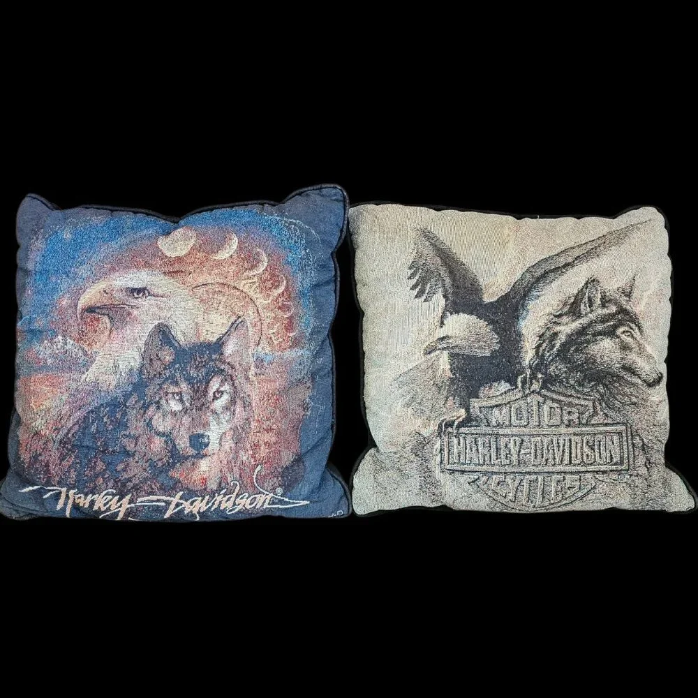 VTG‎ Y2K Harley Davidson Throw Pillows Needlepoint Wolf Bald Eagle 16